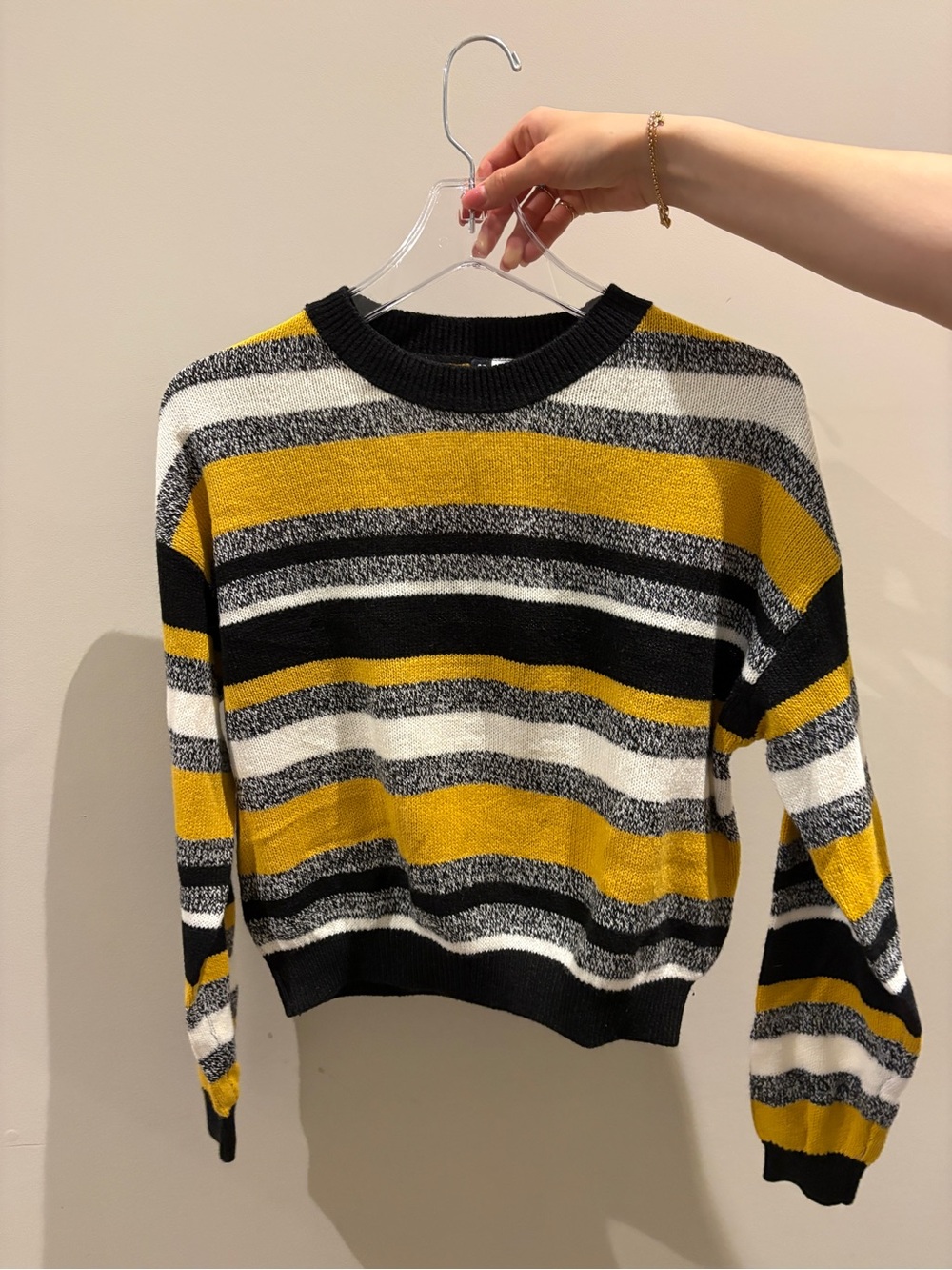 Divided Striped Crewneck Sweater in Yellow, Black & White